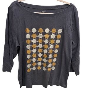 LOFT Women's Charcoal Top with Gold and White Circles